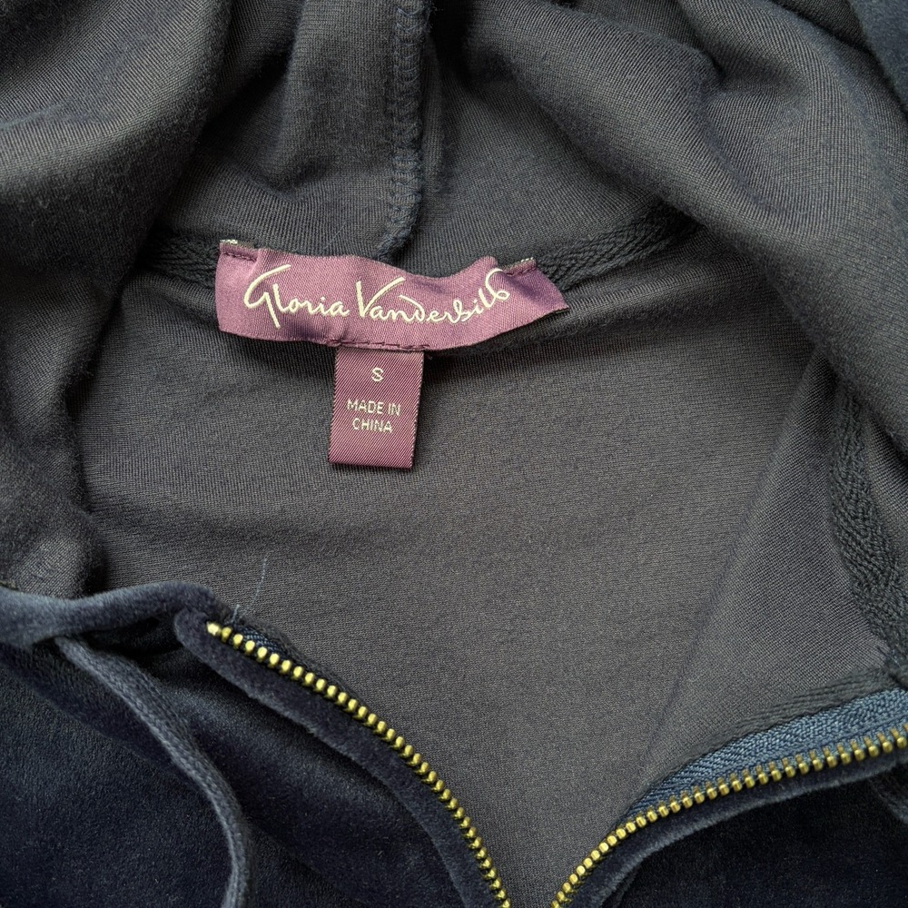 Women's Navy Blue Velvet Velour Hoodie Sz S Full Zip Sweatshirt Track Jacket - Picture 11 of 16